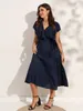 Kleider in Übergröße Finjani Partykleider für Frauen Sommer-Midikleid in Übergröße mit V-Ausschnitt, einfarbiges Wickelkleid mit Rüschenärmeln und Gürtel 230210