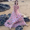 Party Dresses Designer Sexig Deep V Thin Sand Lace Strawberry Puff Sleeve Long Dress Holiday Brodery Sequin 2023 Summer