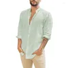 Chemises décontractées pour hommes grande taille lin couleur unie col montant chemise à manches longues bouton pour hommes