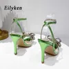 샌들 Eilyken Green Women Sandals 패션 투명 PVC Butterfly-Knot Rhinestone Slingbacks 여름 파티 무도회 얇은 하이힐 신발 G230211
