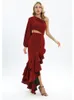 Casual Dresses Sexig One Shoulder Cut Out Ruffled Long Sleeve Maxi Dress Elegant Bourgogne Side Whit Split Asymmetric Club Party