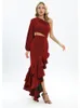 Robes décontractées Sexy une épaule découpée à volants à manches longues Maxi robe élégante bordeaux côté Pentecôte fendu asymétrique Club fête