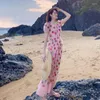 Party Dresses Designer Sexig Deep V Thin Sand Lace Strawberry Puff Sleeve Long Dress Holiday Brodery Sequin 2023 Summer