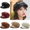 Berets Women PU Peaked Beret Cap Girls Retro Solid Color Octagonal Winter Autumn Adjustable Faux Leather Hats For PartyBerets