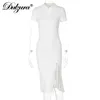 Casual Dresses Dulzura Ribbed Button Women Midi Dress Slit Turndown Collar Pure SHORT SLEEVE BODYCON SEXY ELEGANT STREETEWEAR Autumn Winter Club T230210