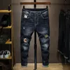 Men's Jeans Hip Hop Men Elasticity Dark Blue Ripped For Boys Slim Fit Fashion Streetwear Pants Destroyed Man Patch Clothes 230211