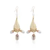 Dangle Boucles D'oreilles De Mode Naturel Perle D'eau Douce Pendentif Boho Rotin Herbe Tressé Shell Conque Bijoux