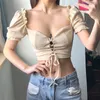 Kvinnors T -skjortor 2023 Summer Square Collar Off Shoulder Crop Tops Sexig kort Suff Sleeve Criss Cross Soe Up Tee Shirt