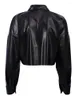 Women's Blouses 2023 Autumn Winter Women Long Sleeve Solid Black Ladies Short Crop Leather Blouse Shirt For Woman Female