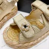 Womens Cowhide Beach Sandals Straw Woven Hemp Rope Soled Slippers Rubber Sole With Faux Pearls And Jewelry Adjustable Platform Sliders Mules Outdoor Casual Shoe