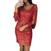 Vestidos de fiesta Mujeres Sexy Lentejuelas brillantes Borlas Vendaje Manga larga Con cuello en v Vestido ajustado Verano Delgado Corto Fiesta de noche Clubwear Vestidos 230211