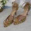 Dress Shoes Champagne Golden crystal women Wedding shoes high heels ankle strap shoes women party dress shoes 230210