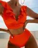 Solid Color Backless Women S High Waist Swimsuit Fashion Ruffles Split Bikini