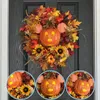 Dekorativa blommor kransar 2023 Halloween Pumpkin krans för ytterdörren med pumpor Artificial Maples Sunflower Autumns Harvest Decor