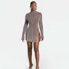 Casual Dresses ANJAMANOR Brown Striped Turtleneck Long Sleeve Dresses for Women 2023 Fall Fashion Sexy High Split Bodycon Mini Dress D95-BI25 T230210
