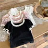 T-shirts deer jonmi 2022 Summer New Korean Style Baby Girls Lace Princess T-shirts Pure Color Soft Cute Tops Children Tees 4 Colors T230209