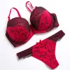 Active Sets 2023 Sexy Lace Women Push Up Bra Hollow Out Thongs Brief French Romantic Intimate Underwear Panty Set