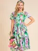 Casual jurken Linda della zomer mode runway katoenen jurk dames korte mouw bloemen bloemen gedrukt gedrapeerd een lijn elegante midi dre