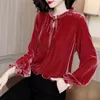 Women's Blouses Shirts Autumn Winter Oversized Velvet Fungus Edge Lace Up Elegant Shirt Women Princess Sleeve Vintage All-match Bottomed Blouse Femme 230211