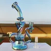 Klein Heady Bong in vetro a doppia camera Arcobaleno metallico Narghilè Bong in vetro Dabber Rig Recycler Incycler Tubi Bong ad acqua Tubo per fumo Giunto femmina da 14,4 mm con ciotola normale