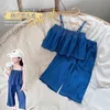 Zet meisjes denim pak zomer nieuwe baby Koreaanse Suars Suarsure Top Leisure Wide Leg broek Tweerplaats Set Kids Boutique Clothing