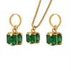 Hoopörhängen Huggie Luxury Geometric Green Zircon Emerald Pendant Halsband Square Rostfritt stål smycken Set Womenhoop Hoop