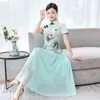 Dwuczęściowa sukienka Panie Cheongsam dwuczęściowy garnitur Summer Mom Chinese Chinese Style Short-Sleeved Shirt Modna moda elegancka szczupła