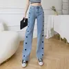 Jeans pour femmes mode amour brodé blanc Denim pantalon à jambes larges femmes lâche printemps 2023 taille haute mince droite femme OK1051