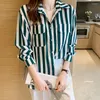 Women's Blouses Women Striped Shirt Chiffon For Fashion Polo Neck Clothing Button Up Long Sleeve Top Female 2023 With Pocket