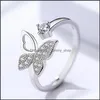 With Side Stones Cute Butterfly Opening Adjustable Rings Inlaid Zircon Exquisite For Women Wedding Party Jewellry Bijoux Gifts Sier Dhgvb