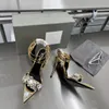 105mm Tom Fords Mirror Perfect Shoes Leather Heels Sandaler Crystal Gold Stones High Pointy Jewel Sandals