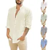 Chemises décontractées pour hommes grande taille lin couleur unie col montant chemise à manches longues bouton pour hommes