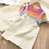 Set Girls Summer Rainbow Striped Tshirt and Overalls Dress PCS Passar Girl Kids Clothing Barnkläder