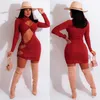 Sukienki swobodne Anjamanor Nieregularny pusty z długim rękawem sukienka BodyCon Sexy Club Stroje dla kobiet Czerwone Czarne Rib Knit Mini sukienki D6-CB29 T230210