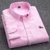 Men's Casual Shirts Quality 100 Cotton Oxford Shirt Long Sleeve Embroidered Horse Without Pocket Solid Yellow Dress Men 5XL 6XL 230211