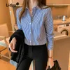 女性のブラウスシャツの職業オフィス印刷ストライプシングルブルースの女性の長袖のターンダウンコラー韓国オールマッチレディシャツ230211