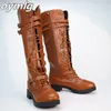 Bottes femmes genou bottes automne hiver à lacets chaussures plates Sexy Steampunk PU rétro boucle femmes chaussures dames bottes de neige 230210