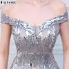 Casual Dresses Partysix Silver Sequined Off the Shoulder Short Sleeve Side Split Sexig Women Dress Long Elegant Party Prom Clubwear Formal