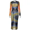 Casual jurken anjamanor abstract print gaas transparante maxi jurk met lange mouwen y2k sexy bodycon jurken nachtclub outfits lente 2023 d85cz17 t230210