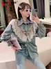 Women's Blouses Denim Shirt For Women 2023 Spring Korean Style Sweet Heavy Industry Colorful Crystals Ruffled Slimming Patchwork Tops