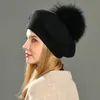 Beanieskull Caps冬の女性ベレット女性帽子15cm本物のアライグマファーポンポムウールカシミアナチュラルボールキャップ230211