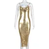 Casual Dresses Anjamanor Pu Leather Gold Sexig Long Party Dresses for Women 2023 Autum Winter Club Chain Deep V Backless BodyCon Dress D82-CB19 T230210