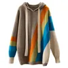 Women's Sweaters AutumnWinter rainbow inlaid loose and thick hooded 100% pure cashmere sweater women's hoodie long sleeve 230210