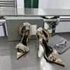 105mm Tom Fords Mirror Perfect Shoes Leather Heels Sandaler Crystal Gold Stones High Pointy Jewel Sandals