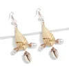 Dangle Boucles D'oreilles De Mode Naturel Perle D'eau Douce Pendentif Boho Rotin Herbe Tressé Shell Conque Bijoux