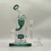 2022 Twin Chamber Pecork Green 9inches Hookah Glass Bong Dabber Rig Recycler Pipes Water Bongs Smoke Pipe 14,4 mm Kvinnlig fog med vanlig sk￥l WholSale