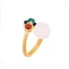 Bröllopsringar Vintage Gold Color Ring White Round Kan Jade Blue Emamel Flower Opening for Women Boho Engagement Smycken