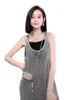 Casual Jurken Designer Mouwloos Dames Uitgehold Zwart Satijn Sling Strass Glanzend Hol Vest 2 Stuks Set Denim Bh Tops Maat S-L4566