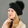 BeanieSkull Cap Beret Cap Real Big Fur Pom Winter Knitted Wool Natural Raccoon Ball Hat Solid Color Top Quality Female 230211