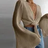 Blusas femininas cor sólida cor de colheita sexy moda moda elegante sino manga plissada camisas de chiffon blusa cardigan nó tops